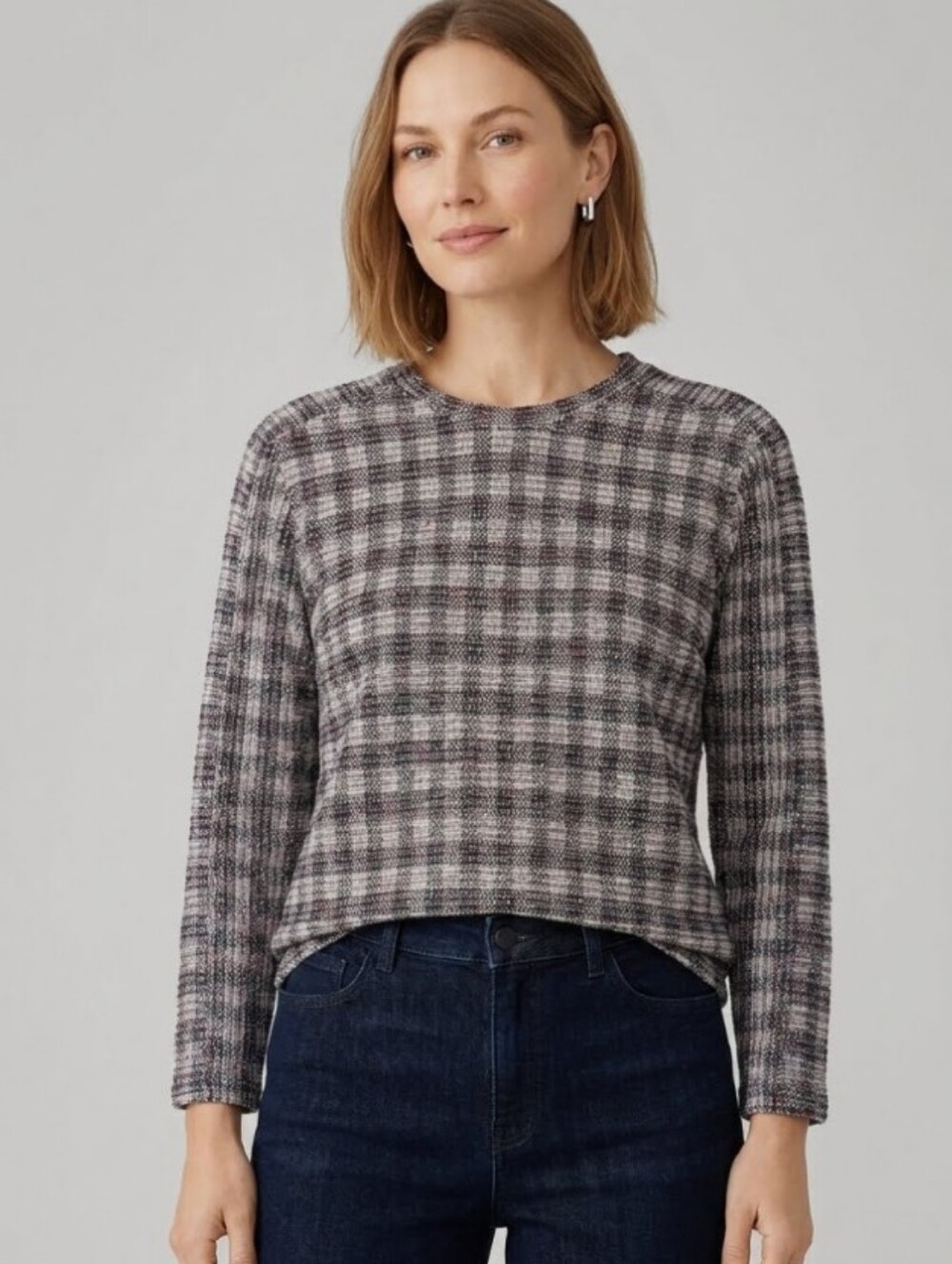 Victoria Beckham Nubby Plaid 3/4 Sleeve Top Textured Boucle